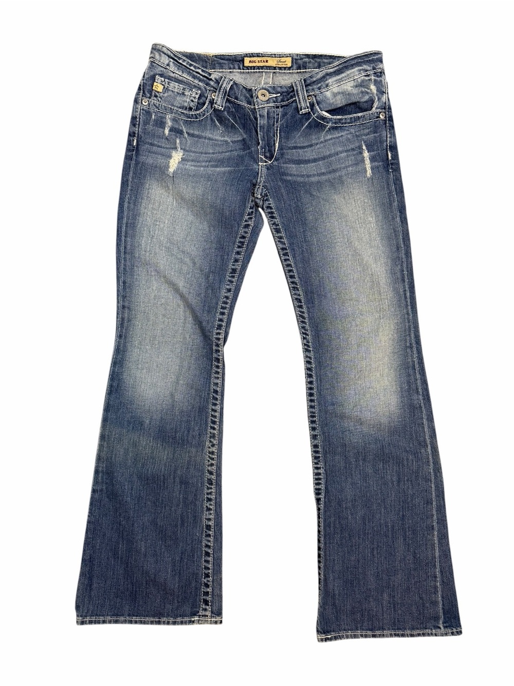 Big Star Vintage Sweet Ultra Low Rise Y2K Distressed Flare Jeans Blue Grunge 29R
